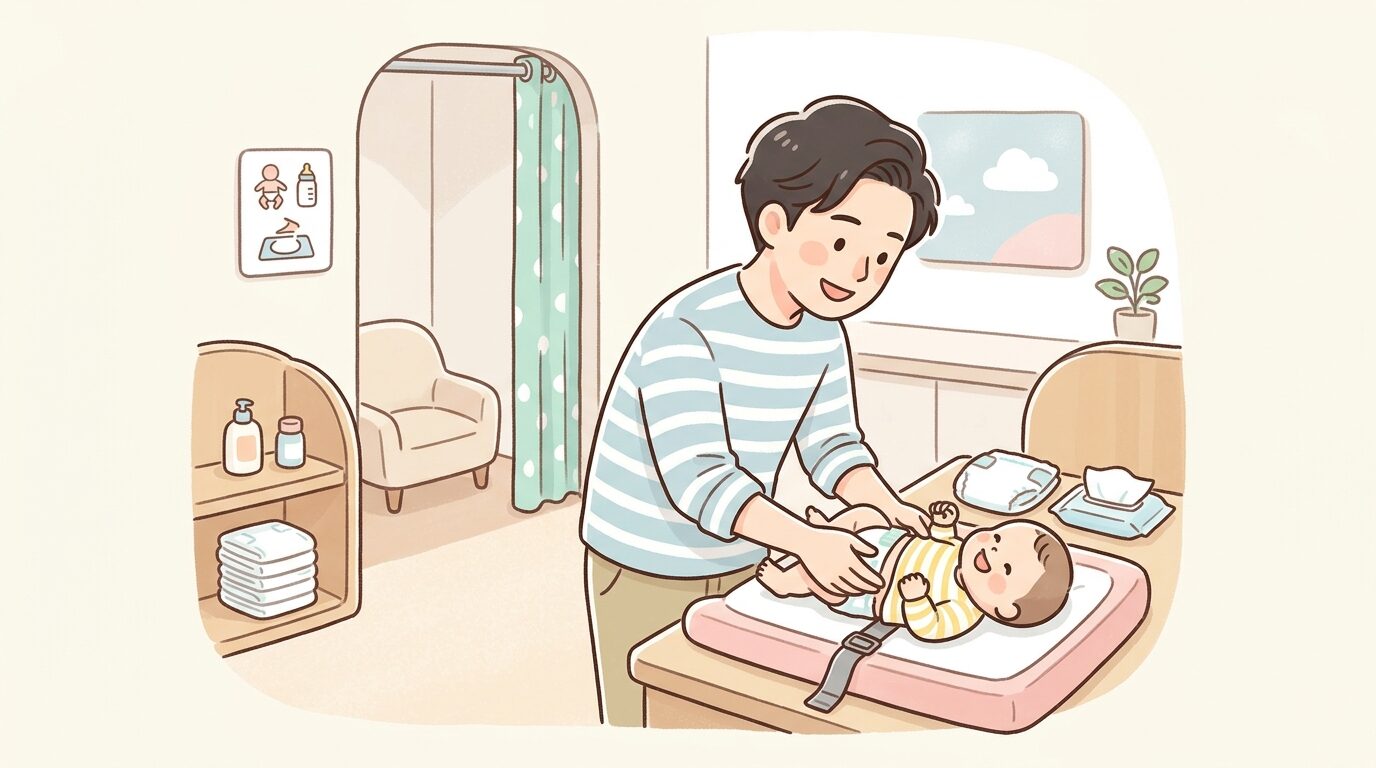 赤ちゃん休憩室でおむつ交換をしている優しい表情の父親と赤ちゃん