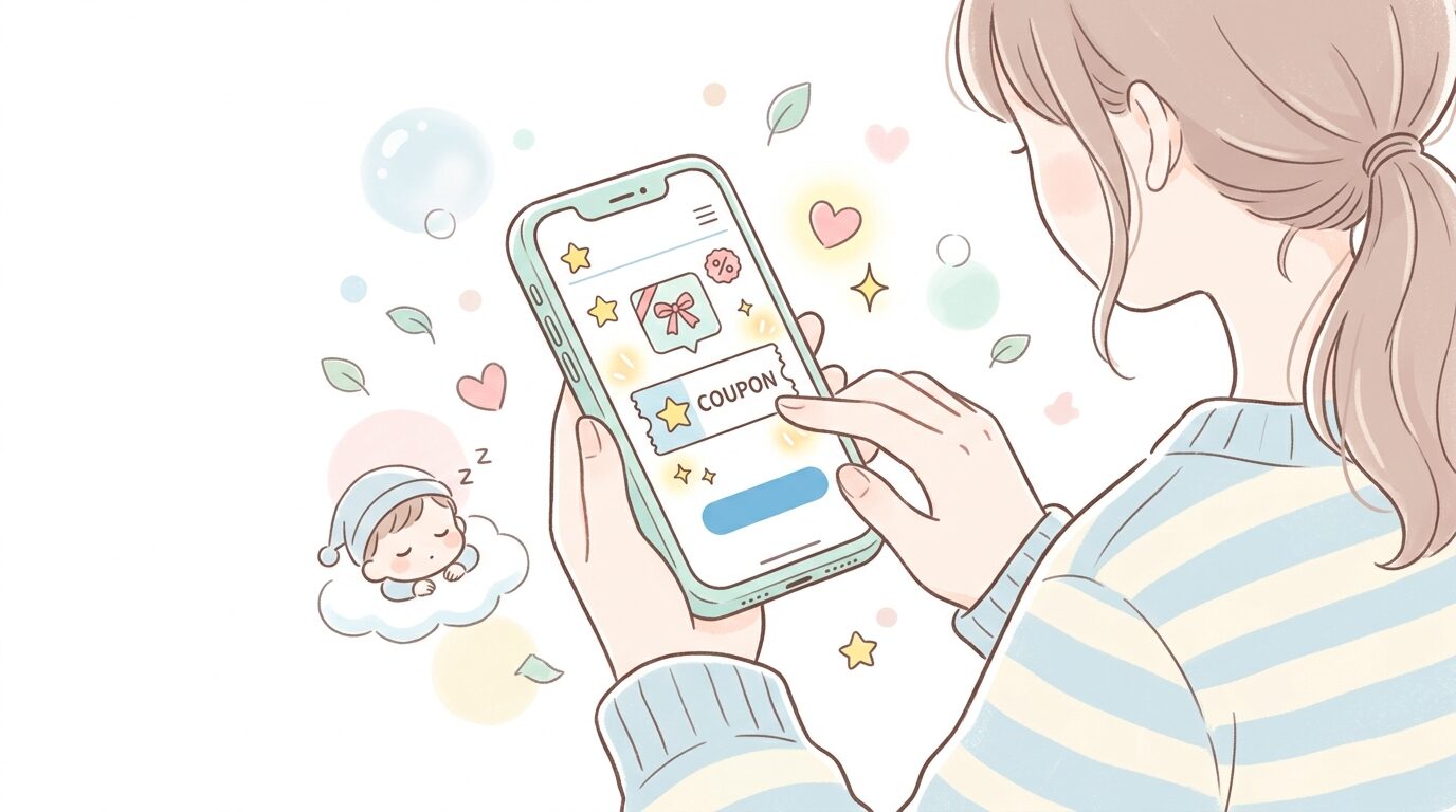 スマートフォンでキッズリパブリックアプリのクーポン画面を確認する母親の手元