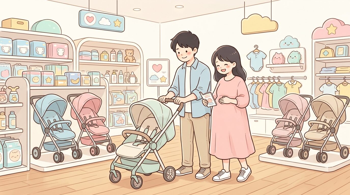 大型ショッピングモール内にあるベビー用品店の明るい店内で、ベビーカーを選ぶ夫婦の様子