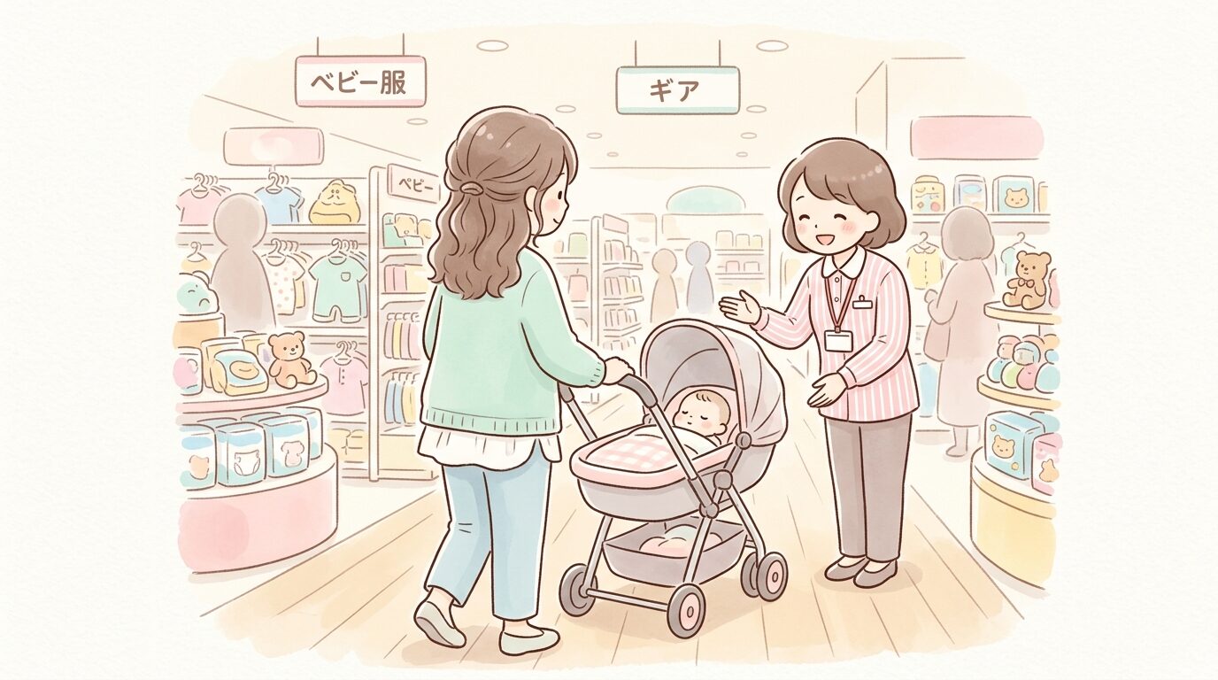 店内でベビーカーを実際に試し押ししながら説明を受ける新米ママの後ろ姿