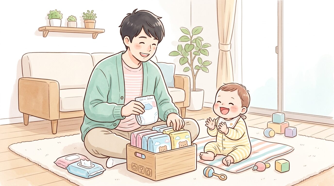 リビングでおむつやおしりふきのストックを整理する父親と隣で笑う赤ちゃん