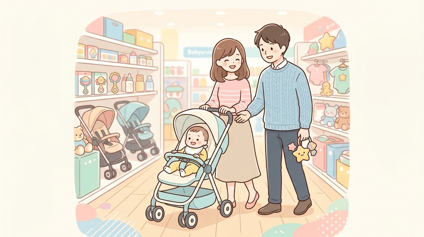 ベビーザらス店内でベビーカーを試しながら選ぶ夫婦と赤ちゃん