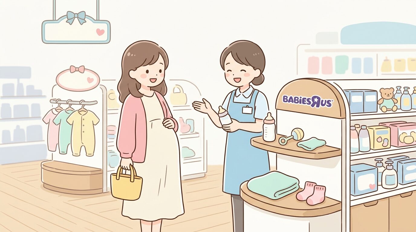 産前の女性がベビーザらス店舗でスタッフから出産準備品の説明を受けている様子