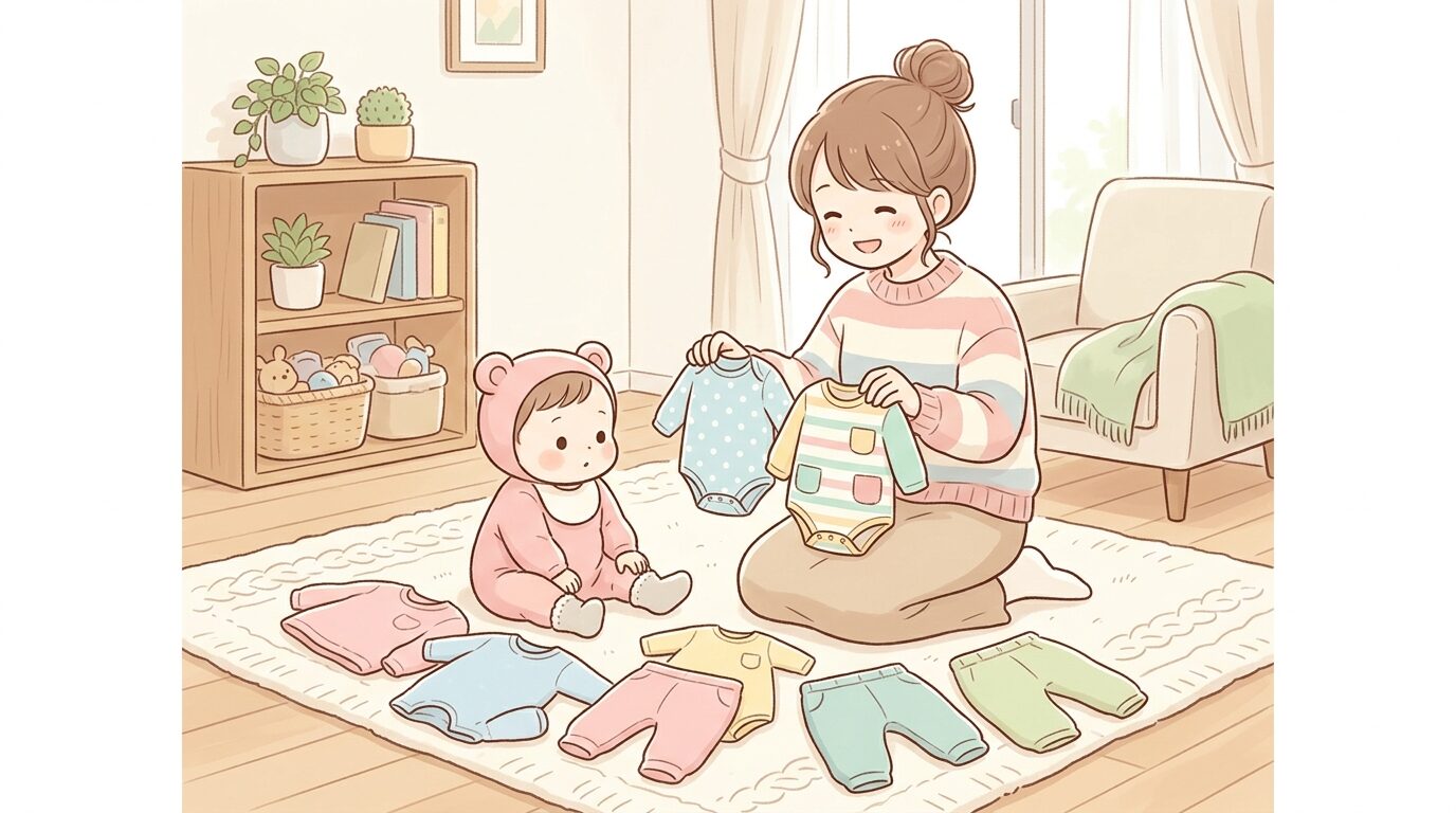 リビングで子ども服を並べてサイズを比較する母親と1歳前後の赤ちゃん