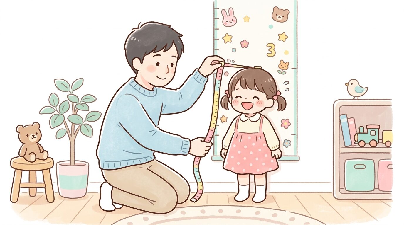 メジャーで子どもの身長を測る父親と楽しそうに立つ3歳くらいの子ども