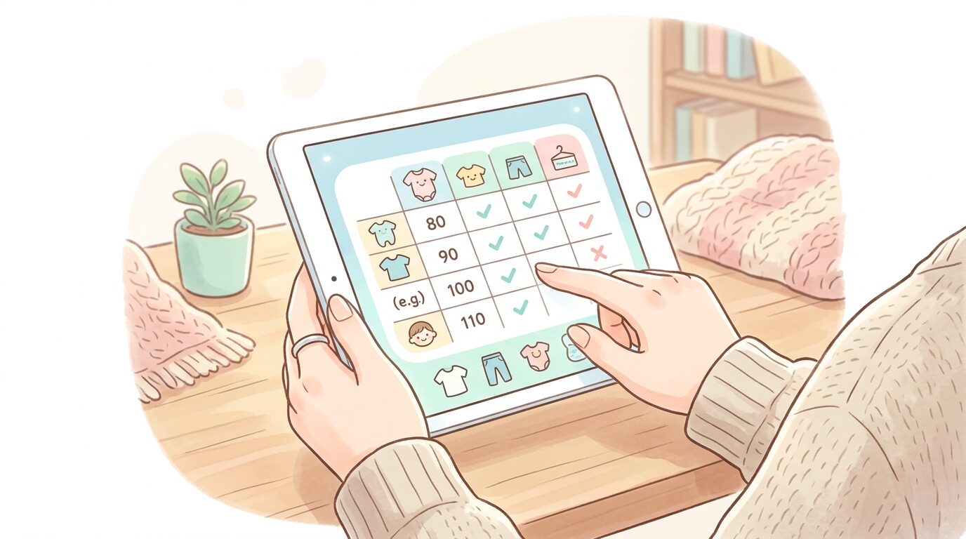 オンラインショップの子供服サイズ表をタブレットで確認する親の手元