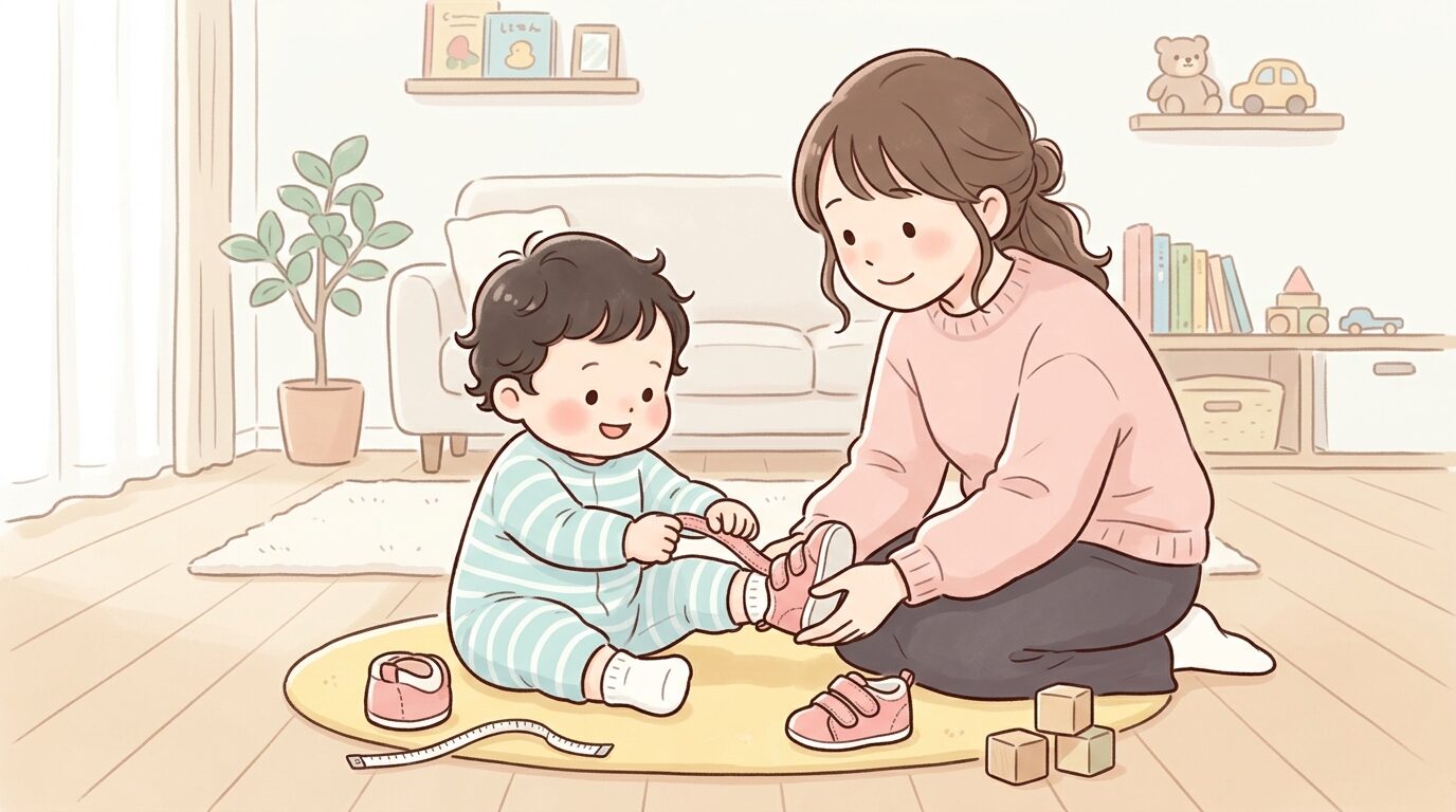 リビングで小さな靴を試し履きする1歳児と見守る母親、柔らかい自然光の温かい雰囲気