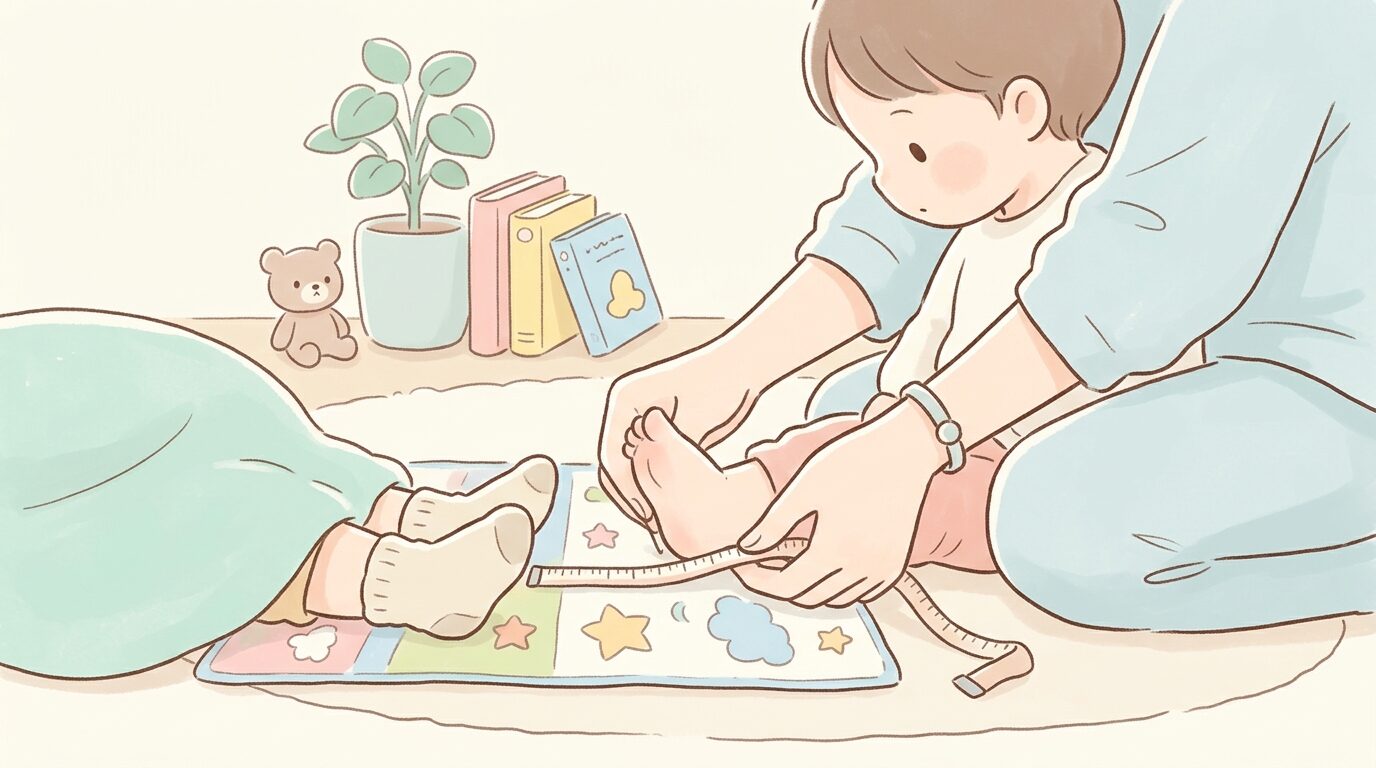 メジャーを使って子どもの足のサイズを測る親の手元、リラックスした室内の様子