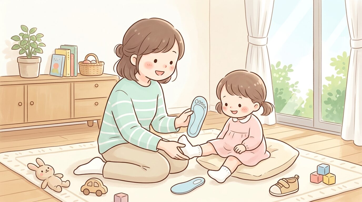 靴の中敷きを外して子どもの足に合わせてサイズを確認する親、明るいリビングでの一コマ