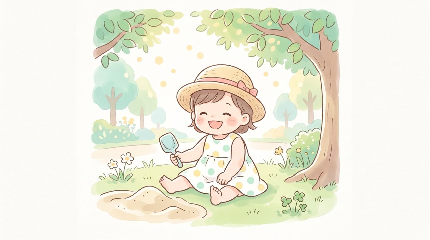 公園で麦わら帽子をかぶって楽しそうに遊ぶ1歳くらいの女の子、木漏れ日の下