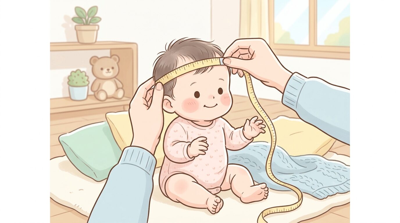 リビングで赤ちゃんの頭にメジャーをやさしく当てて頭囲を測る母親の手元