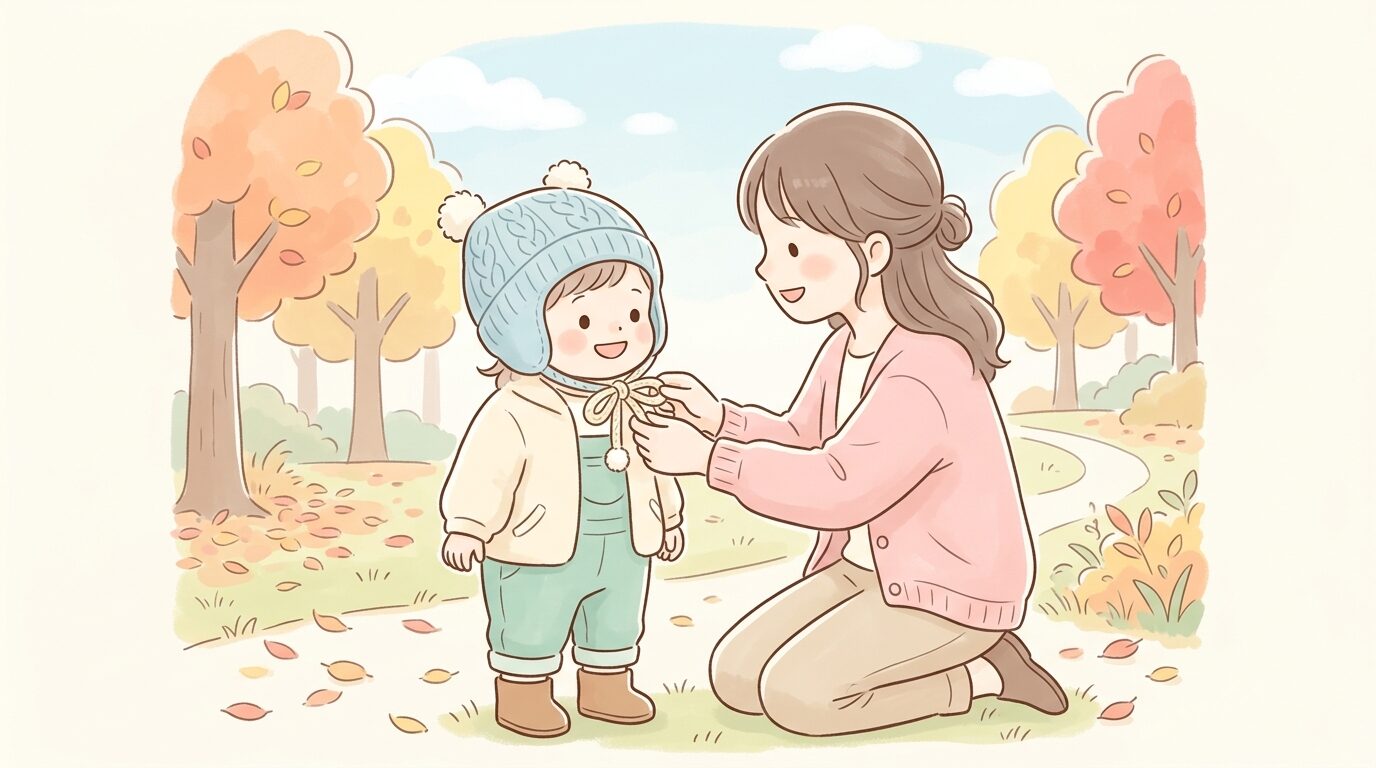 秋の公園でイヤーフラップ付きのニット帽をかぶり、あごひもを結んでもらっている幼児と保護者