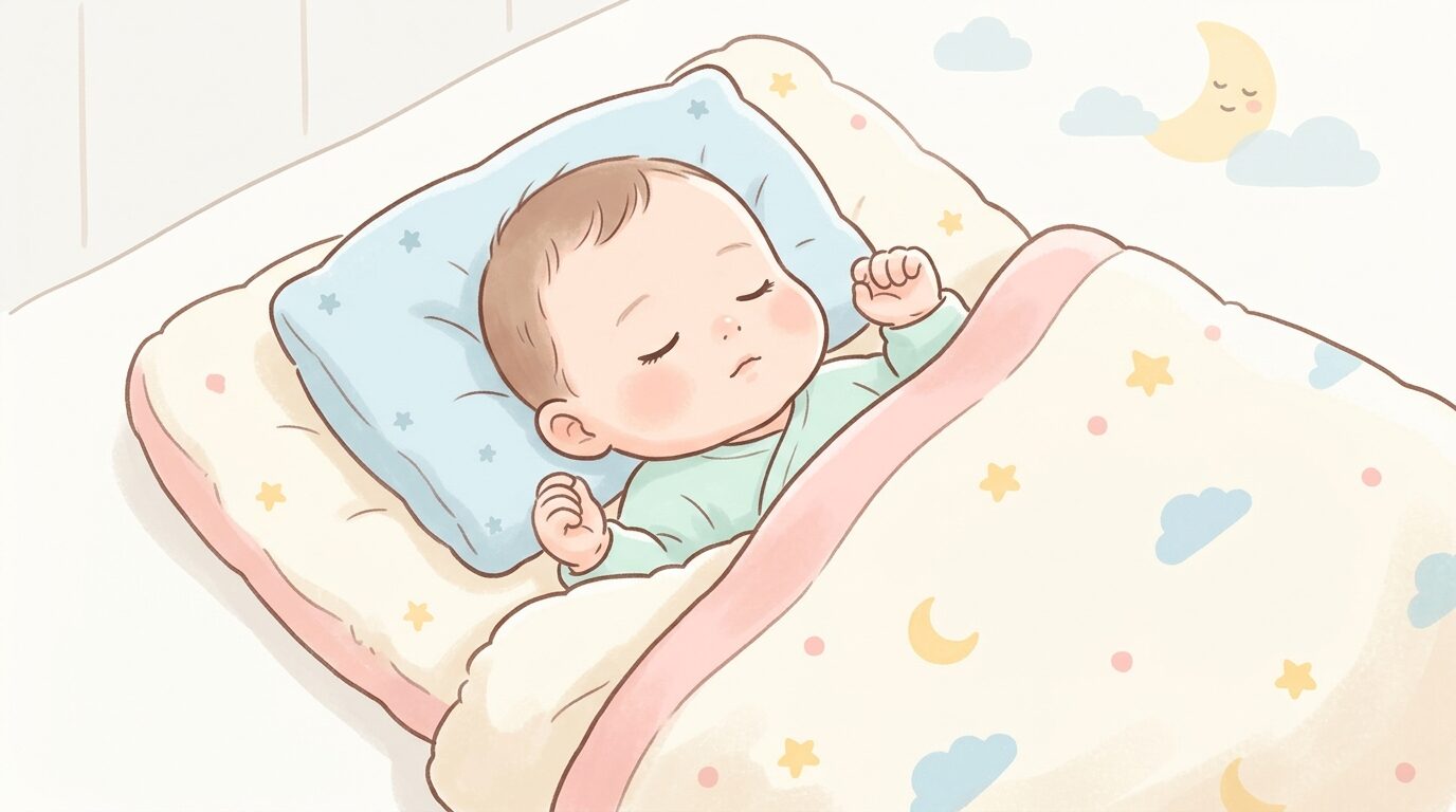 布団の中ですやすやと眠る生後数か月の赤ちゃんの寝顔アップ