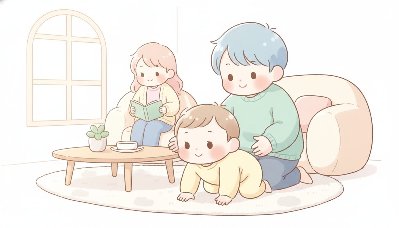 リビングでハイハイをする1歳前後の赤ちゃんと見守る親の温かい様子