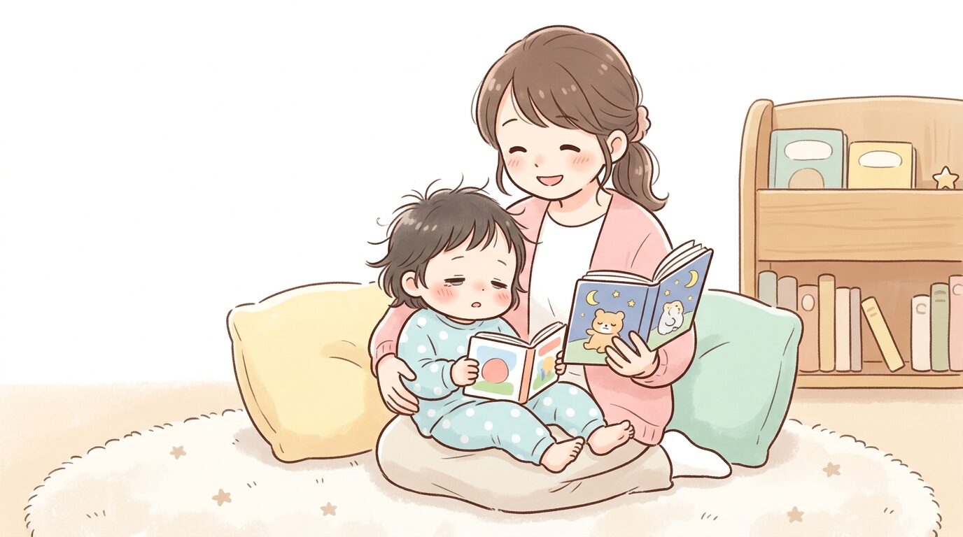 絵本を読んでもらいながら眠そうにする2歳児と優しく微笑む親