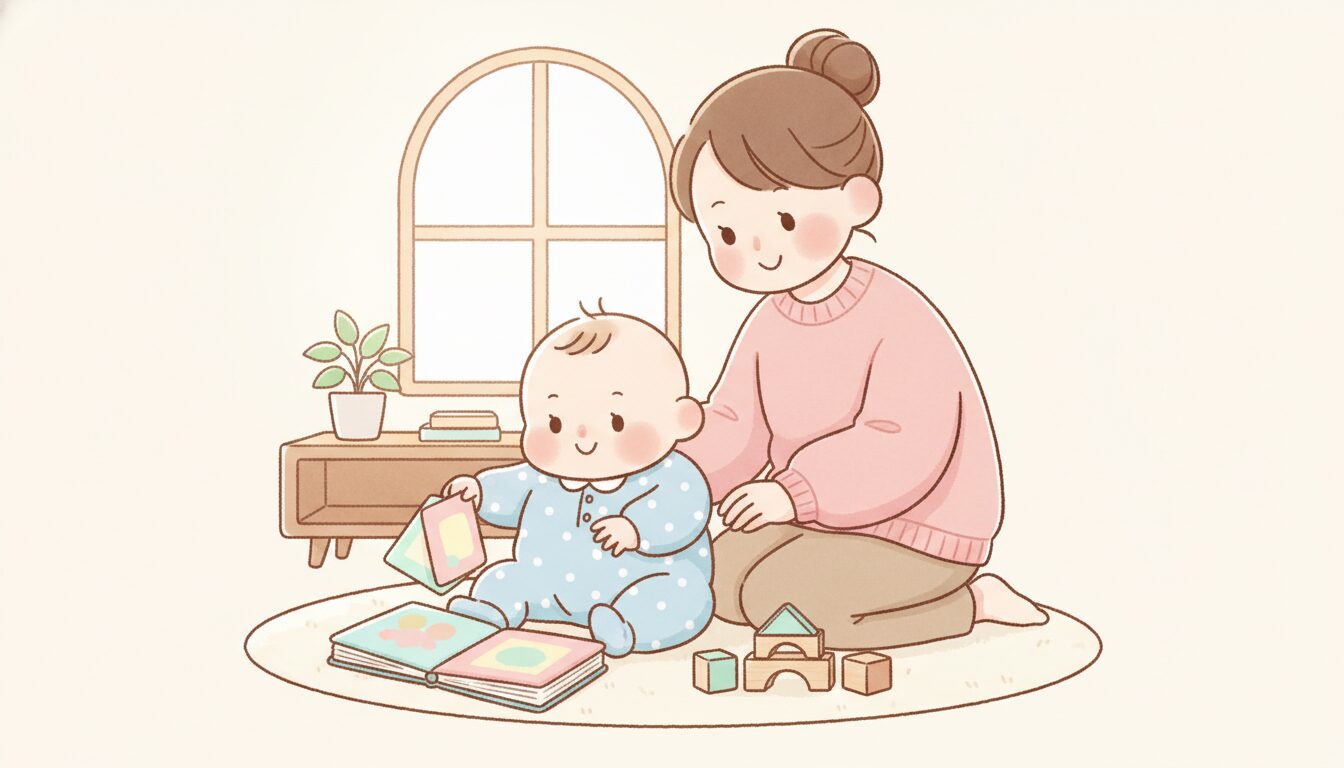 リビングでカラフルな布絵本や積み木で遊ぶ1歳前後の赤ちゃんと見守る母親の温かい様子