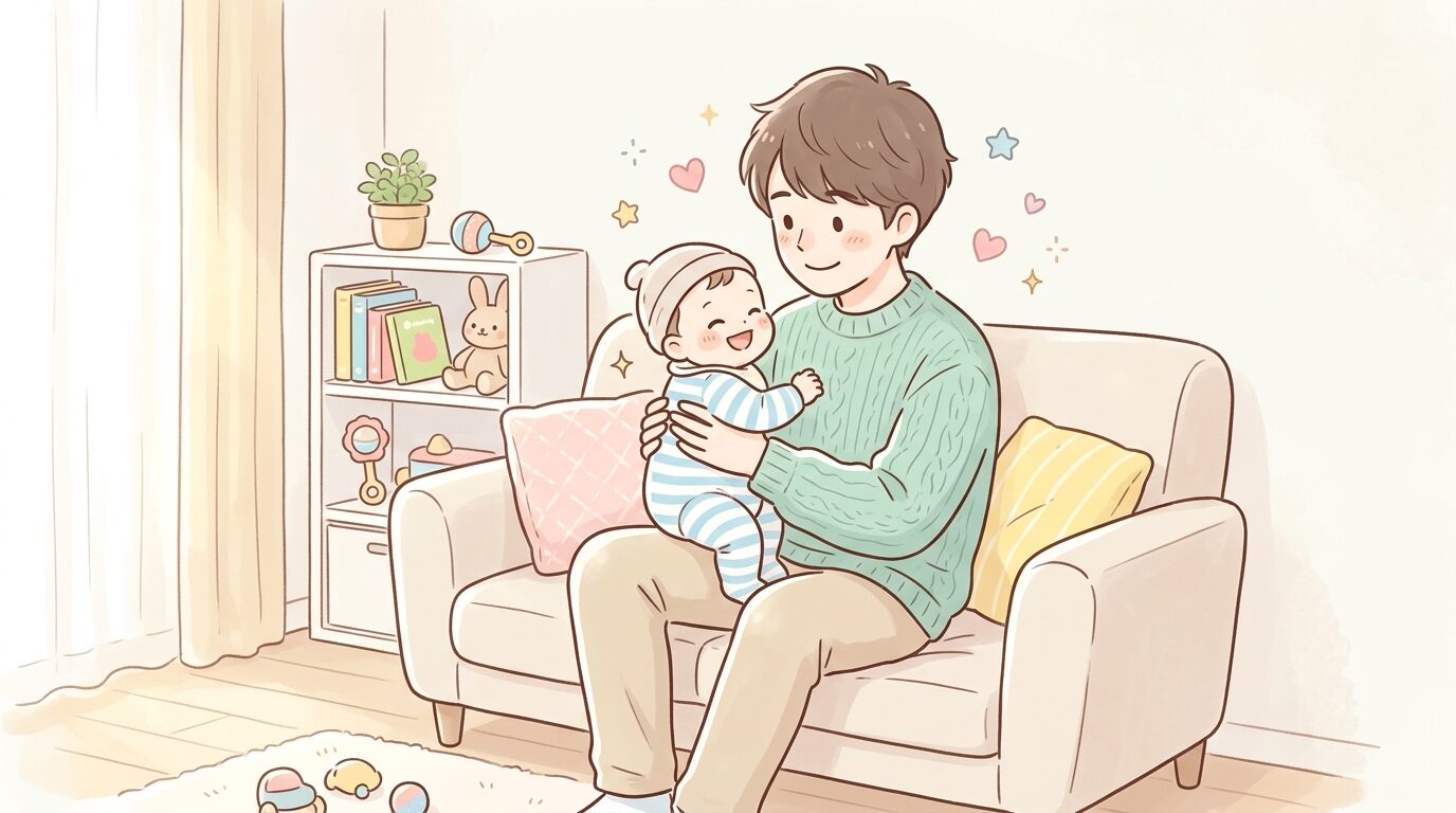 リビングで赤ちゃんを抱っこしながら笑顔を見せる20代後半の父親