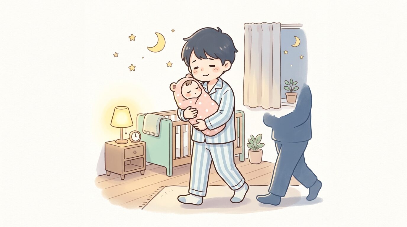 夜中に赤ちゃんを抱っこしながら部屋を歩き回る眠そうな父親のシルエット