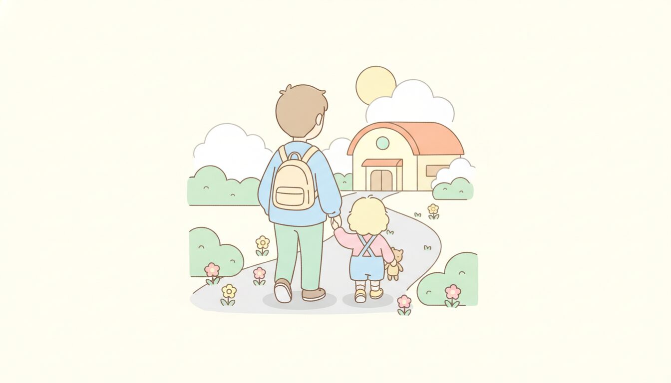 保育園の送迎で子どもと手をつないで歩く朝の父親と子どもの後ろ姿