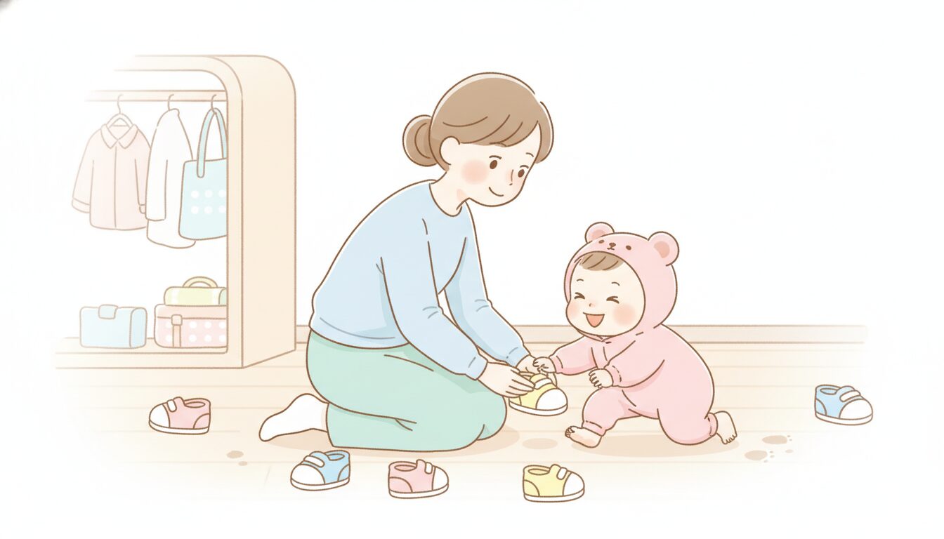 朝の玄関で子どもの靴を履かせようと奮闘する母親と、逃げ回る1歳児の様子