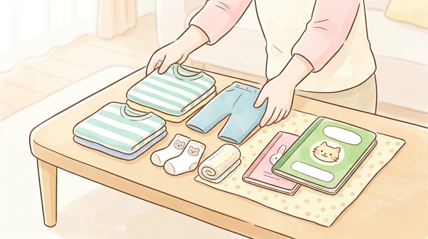 保育園から届いた着替えセットや連絡帳を並べて確認する保護者の手元