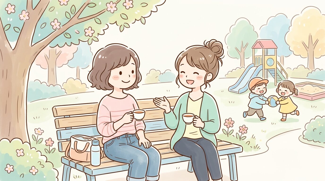 公園のベンチで子どもを見守りながら笑顔で会話する二人の母親