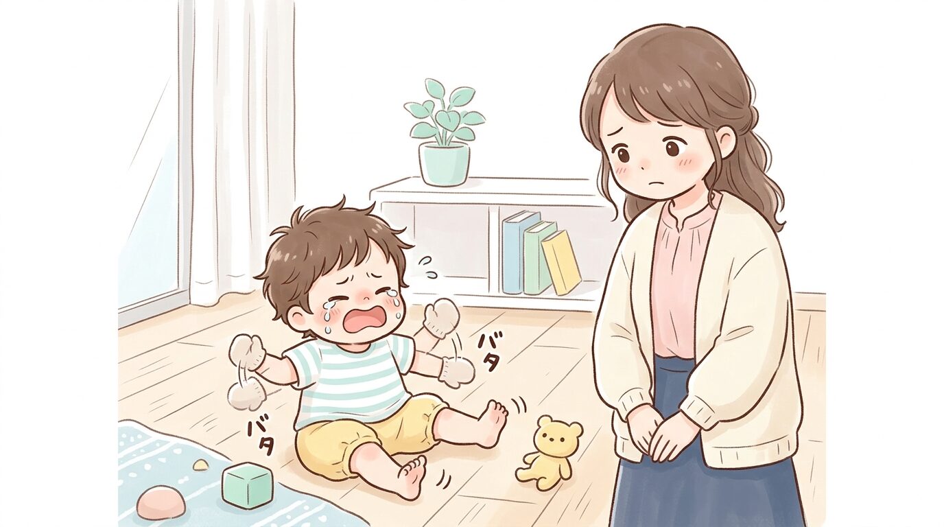 リビングで床に座り込み泣きながら手足をバタつかせる2歳くらいの子どもと、困った表情で見守る母親