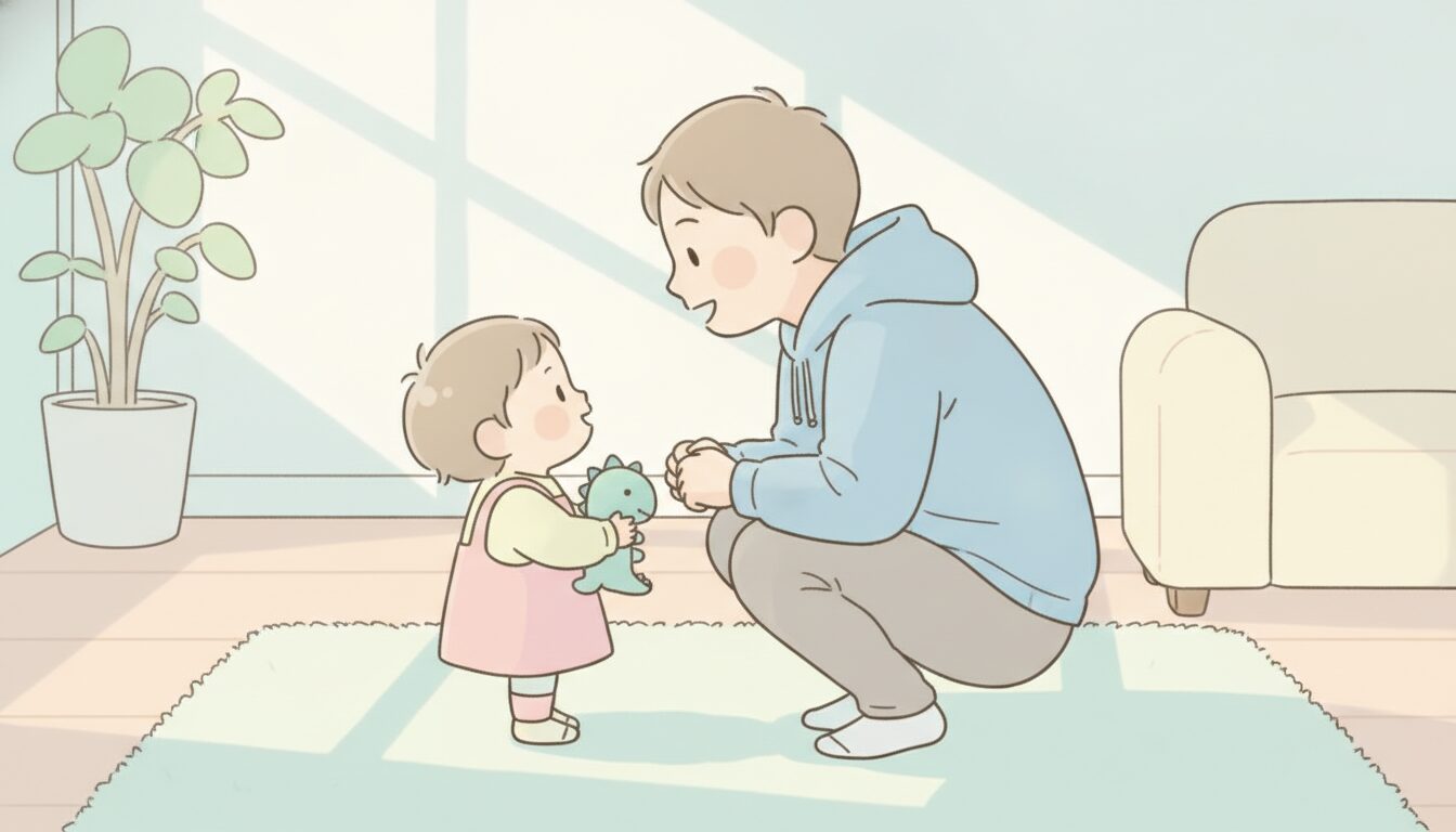 子どもの目線に合わせてしゃがみ、優しく話しかける父親の横顔と柔らかい室内の光