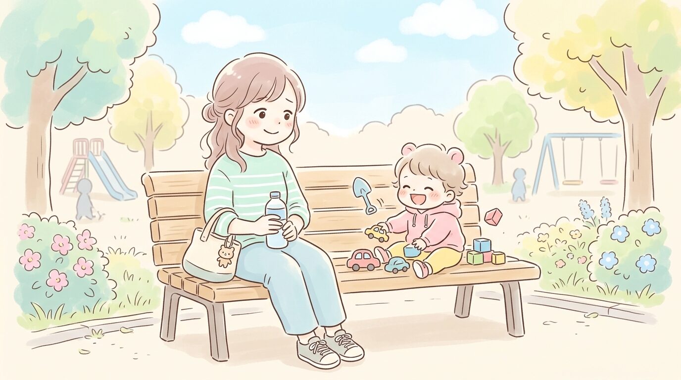 公園のベンチで疲れた表情ながらも笑顔を見せる母親と、隣で楽しそうに遊ぶ幼児