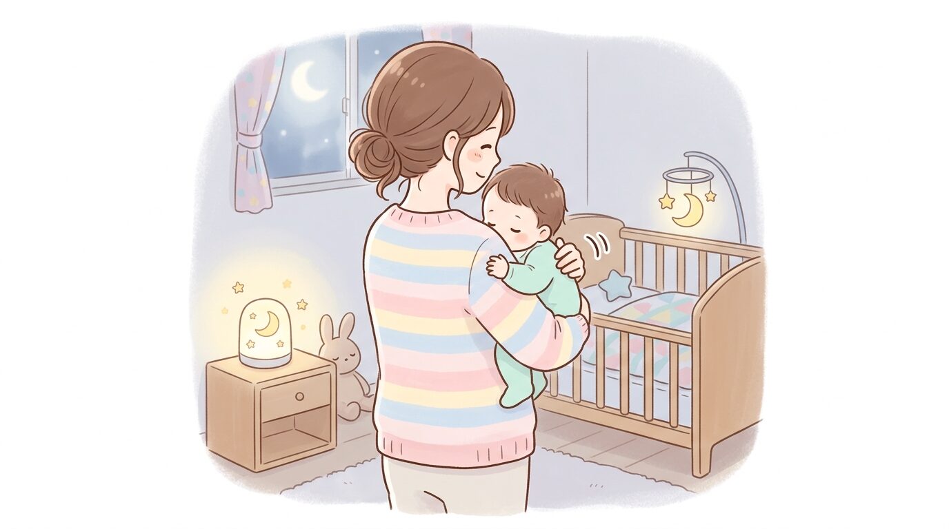 薄暗い寝室で赤ちゃんを抱っこしながら優しく背中をトントンする母親の後ろ姿