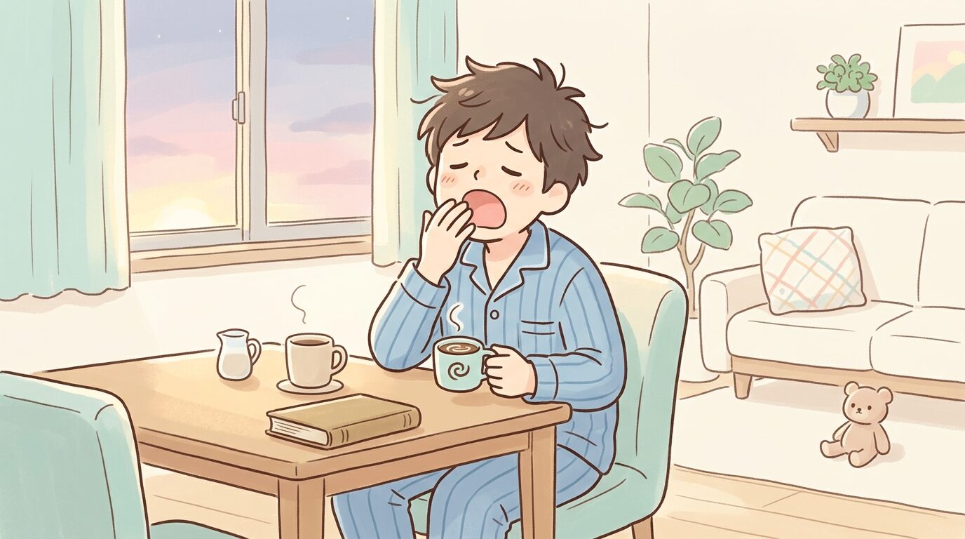 明け方の柔らかい光が差し込むリビングで、あくびをしながらコーヒーを飲む疲れた様子のパパ