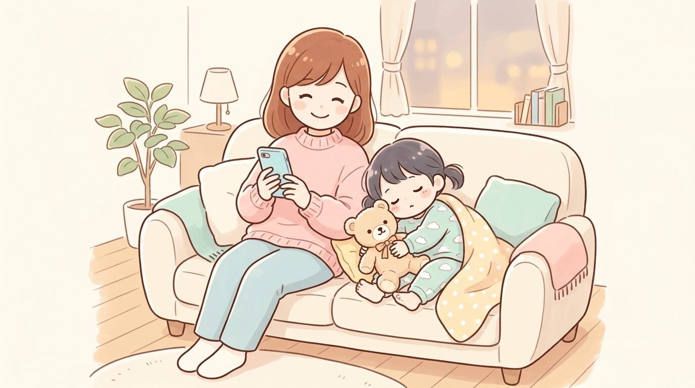 リビングのソファでスマートフォンを見ながら微笑む30代女性、隣で子どもがぬいぐるみを抱いてうたた寝している様子