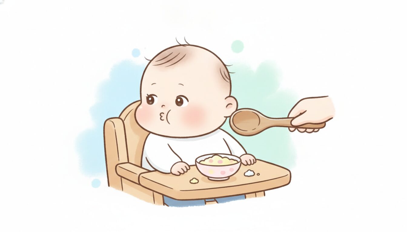木のスプーンを持つ赤ちゃんが椅子から顔をそむけている食卓の様子