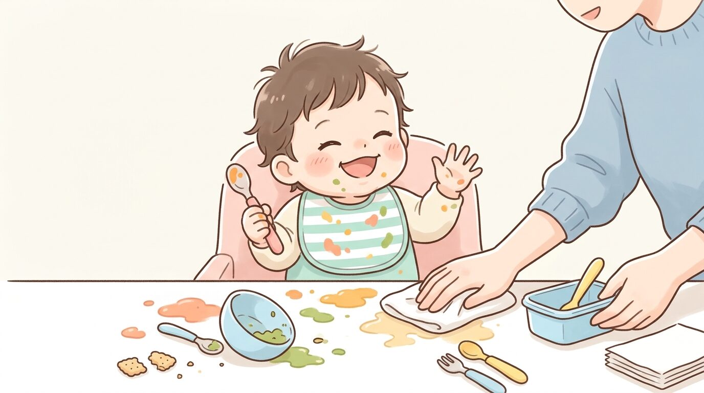 離乳食で汚れたテーブルの上で笑っている赤ちゃんと片付けをする親の手
