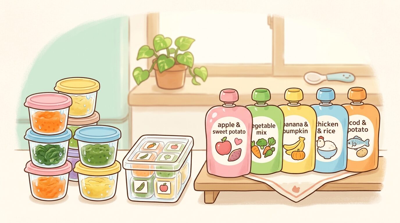 冷凍保存された離乳食のストックとベビーフードのパウチが並ぶキッチンの様子