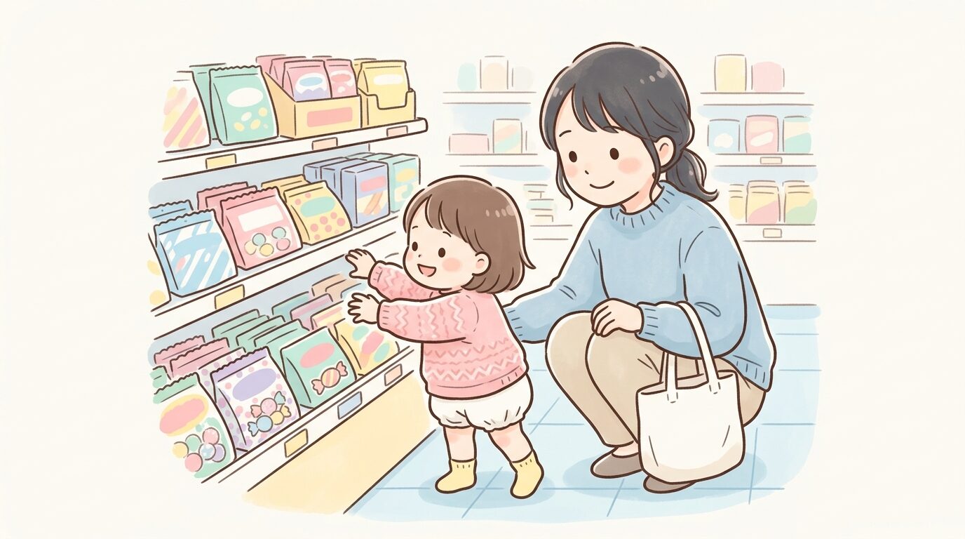 スーパーのお菓子売り場でカラフルなお菓子のパッケージに手を伸ばす2歳児と、それを見守る母親の様子