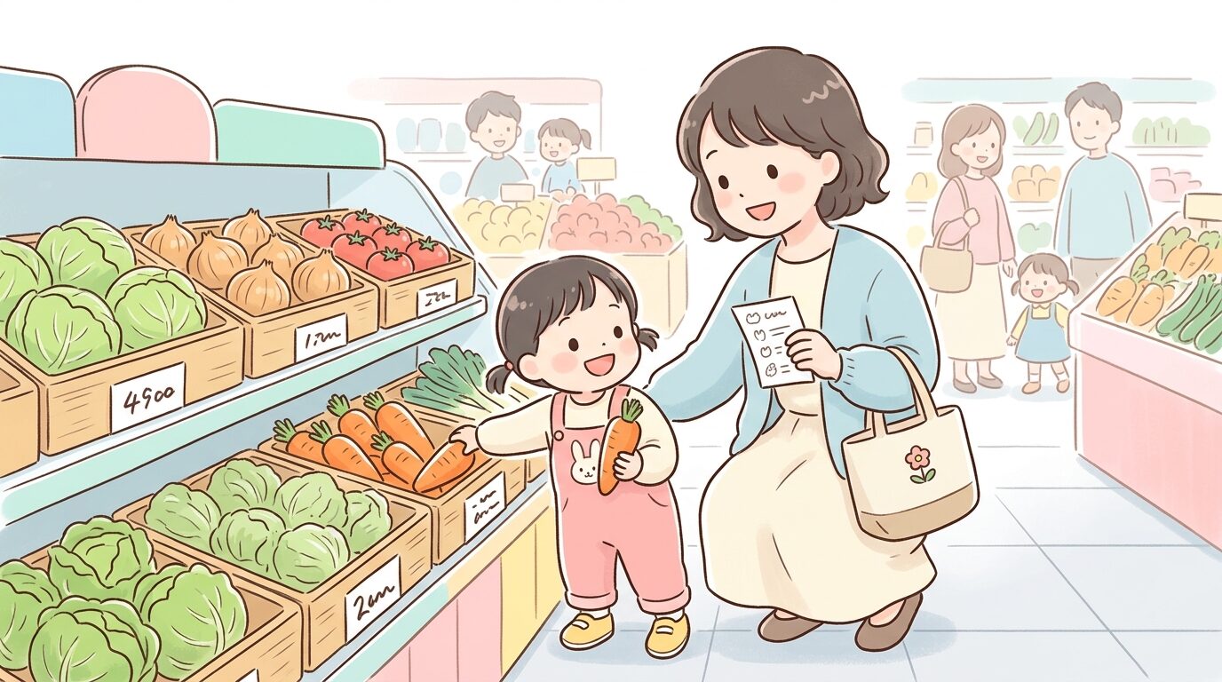 スーパーの野菜売り場で買い物リストを見ながらニンジンを選ぶ3歳くらいの子どもと母親