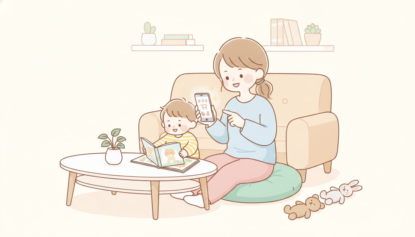 リビングでスマートフォンを操作しネットスーパーで商品を注文する母親と、隣で絵本を見る幼児