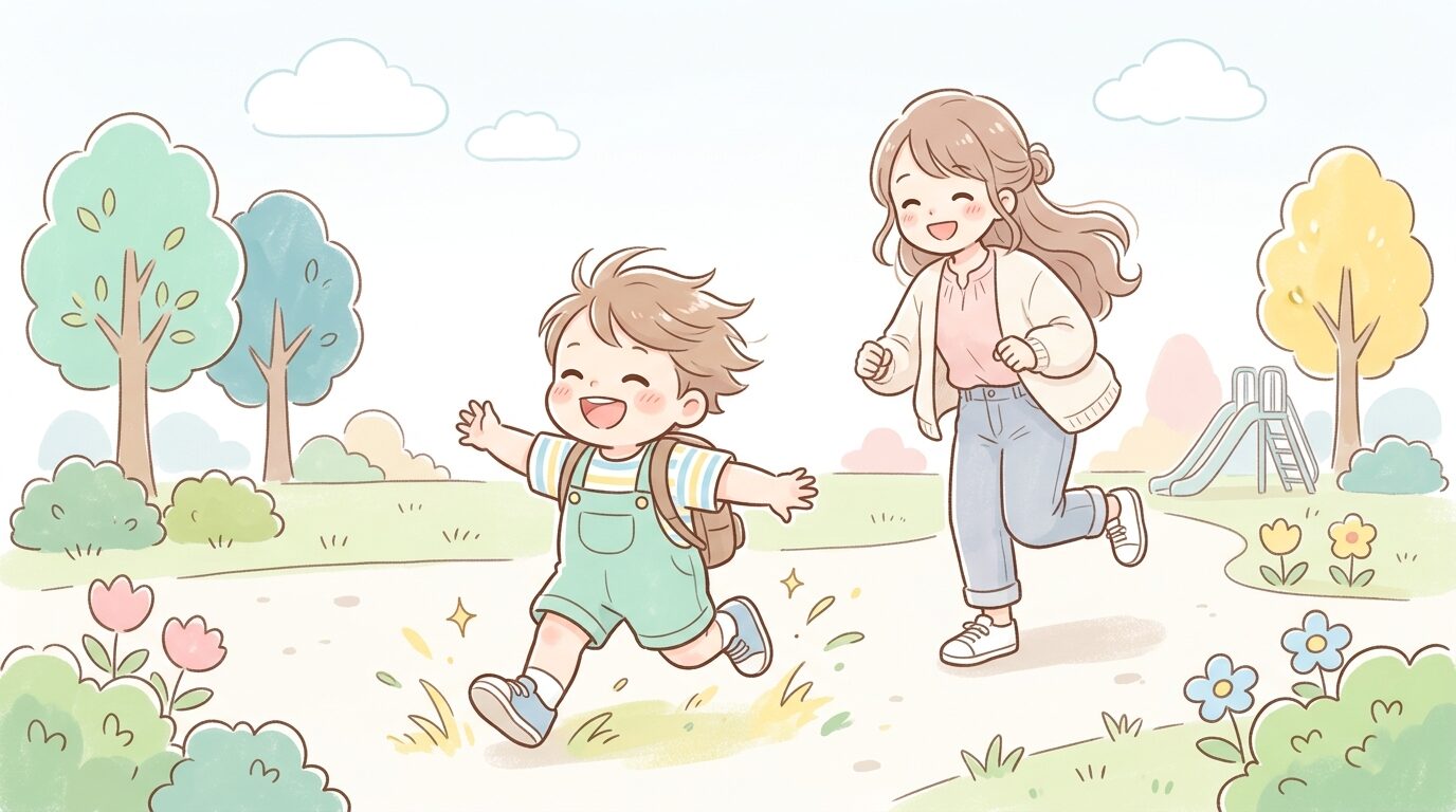 元気いっぱいに公園を走り回る2歳くらいの男の子と、その後ろを笑顔で追いかける母親