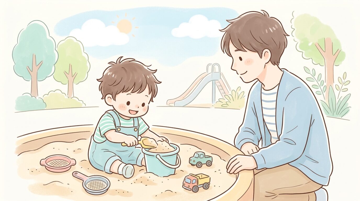 公園の砂場で夢中になって遊ぶ1歳半ほどの男の子と、見守る父親の横顔