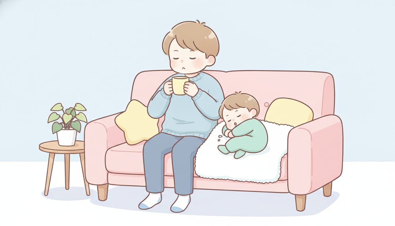 リビングでソファに座り、子どもが眠っている間にコーヒーを飲んでほっと一息つく父親