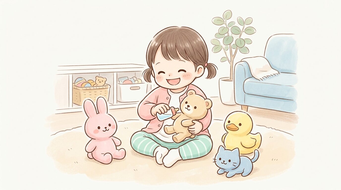 リビングでぬいぐるみのお世話をしながら笑顔を見せる2歳くらいの女の子