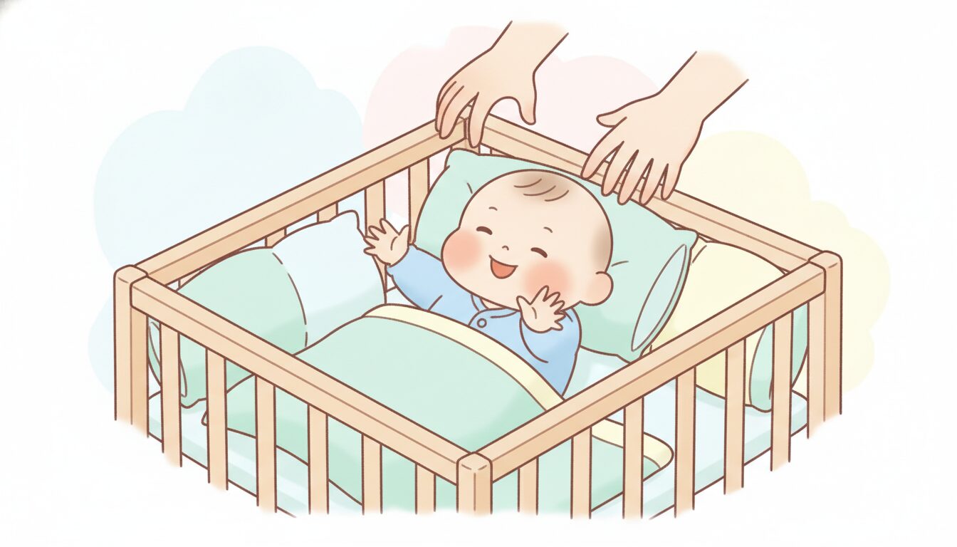 ベビーベッドで話しかける親に向かって手を伸ばし笑う赤ちゃん