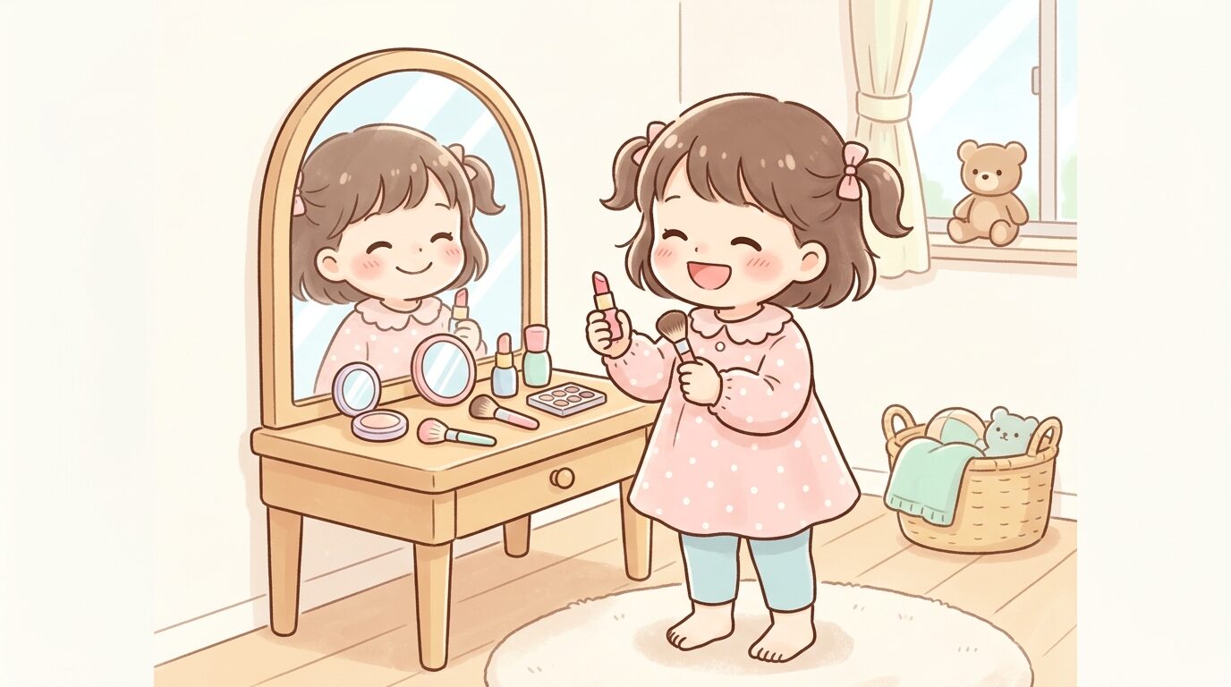 おもちゃのメイク道具を手に鏡の前で嬉しそうにする3歳くらいの女の子