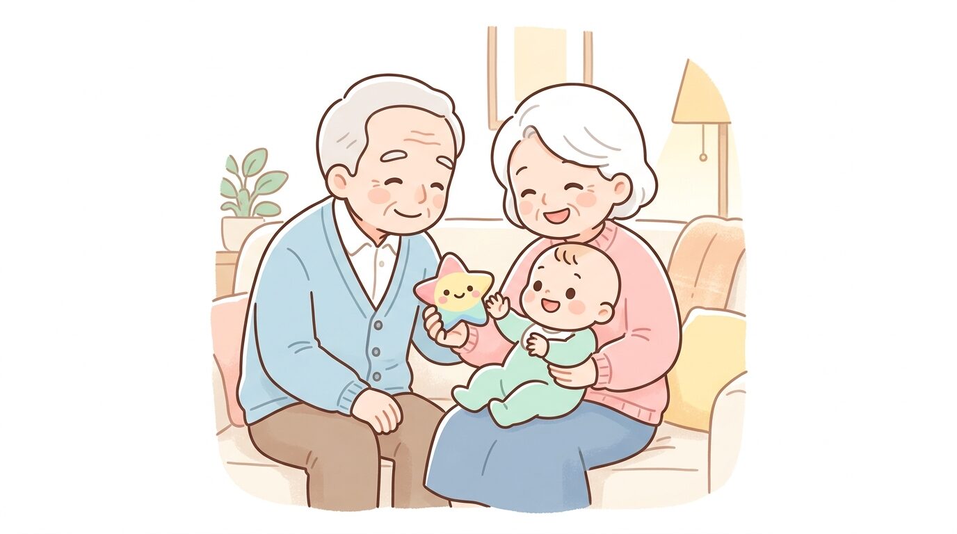 リビングで孫を抱っこして笑顔でおもちゃを渡す祖父母と、それを見て微笑む赤ちゃんの手元