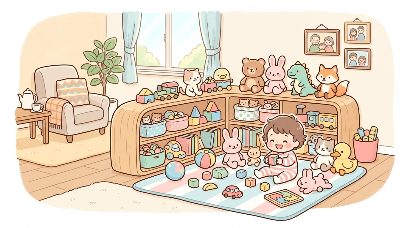 実家のリビングにたくさんのおもちゃとぬいぐるみが並び、孫専用スペースになっている様子