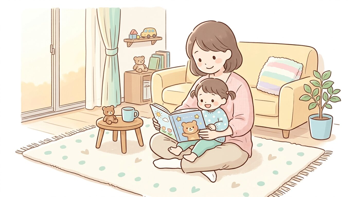 リビングのラグの上で絵本を読む親子、穏やかで温かい雰囲気の午後