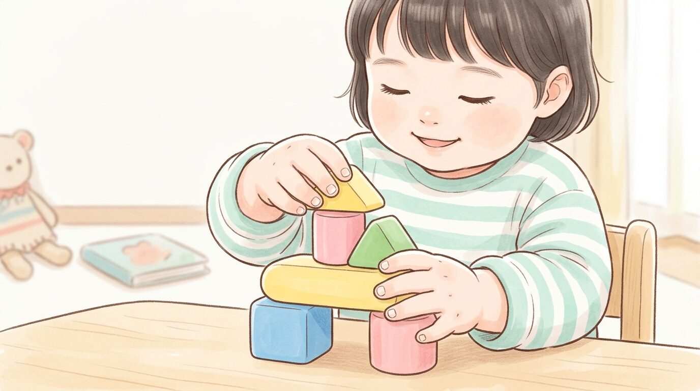 おもちゃのブロックで夢中になって遊ぶ2歳くらいの子どもの手元
