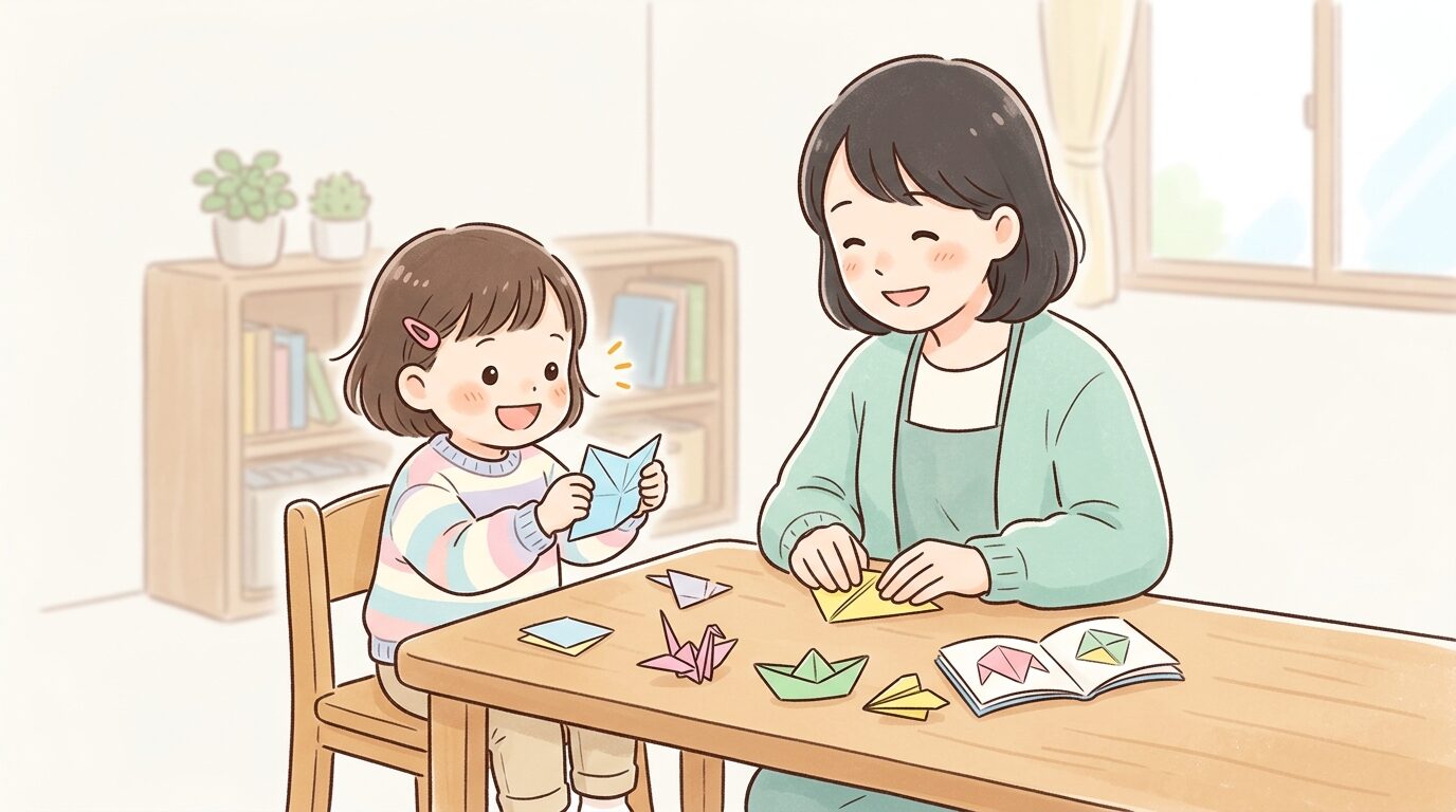 折り紙を親と一緒に折る3歳くらいの子ども、笑顔で楽しそうな様子