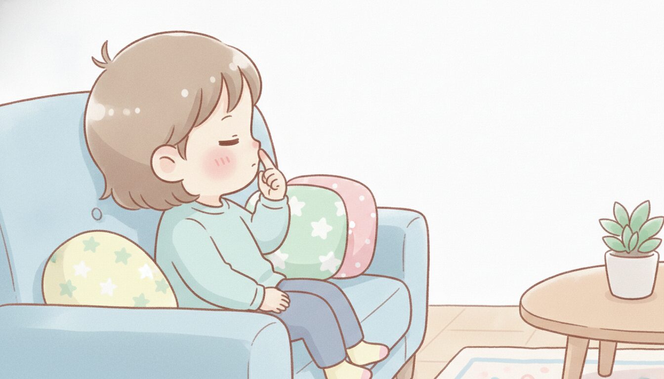 リビングでソファに座り、無意識に鼻に指をやる2歳くらいの子どもの横顔